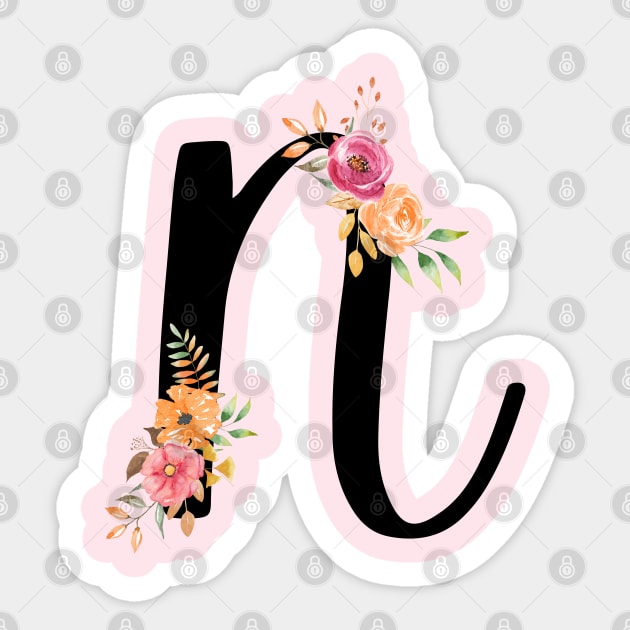 Letter N With Watercolor Floral Wreath Sticker by NatureGlow